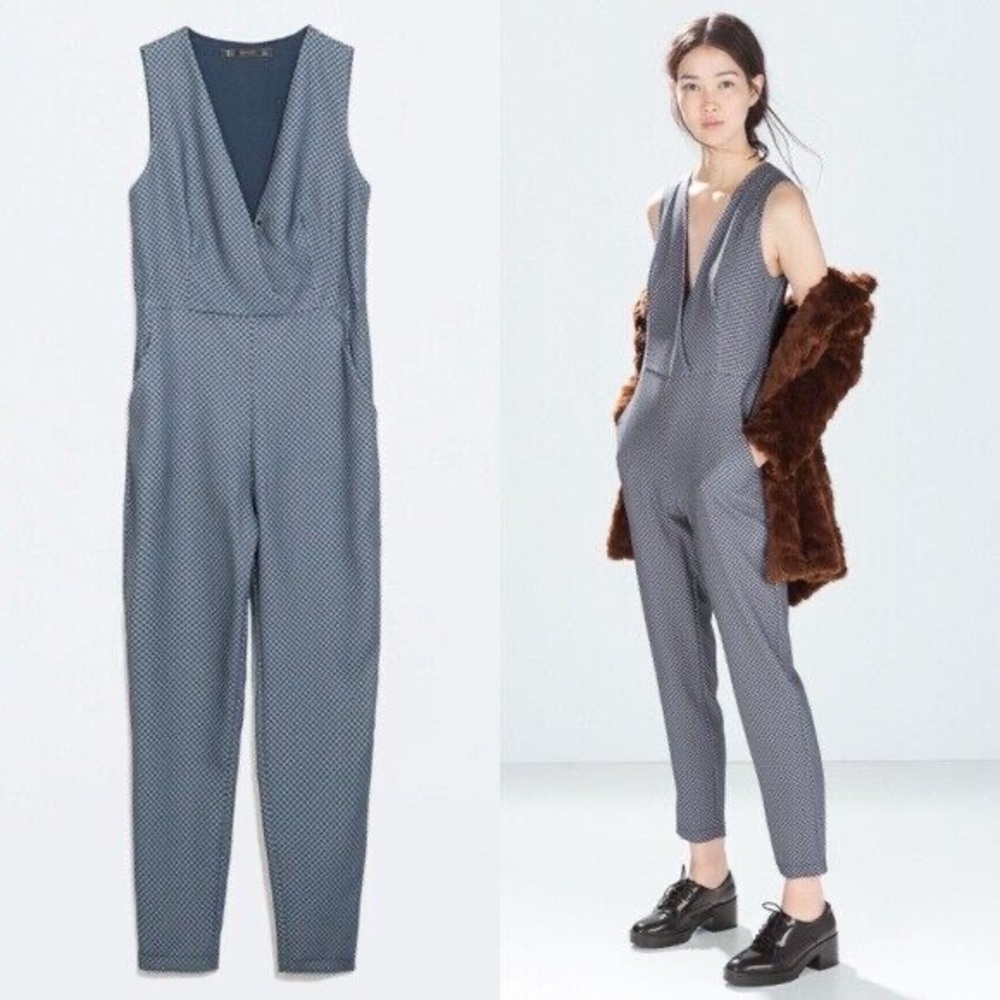 Zara Trafaluc Blue Tie Geometric Skinny Jumpsuit (size Small)